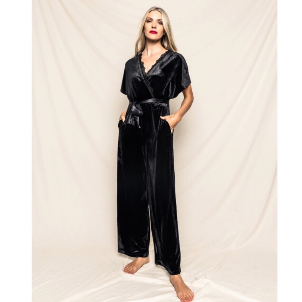 Petite Plume Women's Velour Jumpsuit in Black Lace Trim Size Large